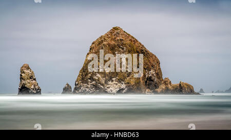 Ore diurne lunga esposizione di Haystack Rock sul Cannon Beach, Oregon Coast Foto Stock
