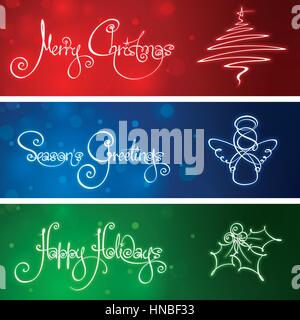 Tre grafia personalizzata script e line-art icona banner di Natale. Illustrazione Vettoriale