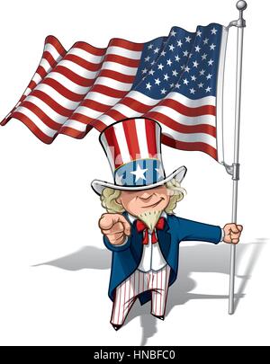 Vector Cartoon illustrazione dello zio Sam holding a sventolare American flagand rivolto "ti voglio' come il classico WWI poster. Illustrazione Vettoriale