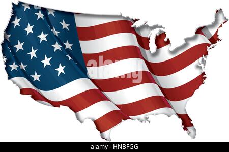 USA mappa cut-out, altamente dettagliate sul bordo di ombreggiatura, con una ondulazione Stars & Stripes sotto. Il Settle spessore del taglio-fuori confine segue t Illustrazione Vettoriale