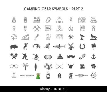 Set di vettore icone silhouette e forme con diversi outdoor gear, camping simboli per la creazione di marchi e logotipi avventura, badge progetta, utilizzare in infogra Illustrazione Vettoriale