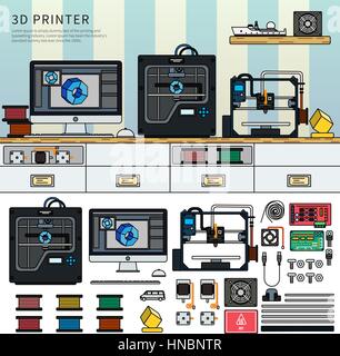 Strumenti per la stampa 3D. Concetto tecnologico. Tecnica di stampa sul tavolo contro la parete di blu. Vernici, stampante, computer, dettagli isolato su bianco bac Illustrazione Vettoriale