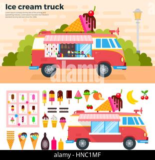 Ice Cream carrello piatto vettoriale illustrazioni. Gelati rimorchio su strada. Dolce vita concetto. Diversi gelati, alimenti carrello e diversi tipi di frutta ho Illustrazione Vettoriale