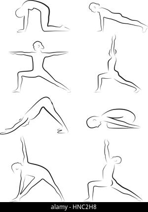 Icona stilizzata insieme di yoga pone (Cat, Plank, Guerriero I, Guerriero II, alta affondo, Cane con la testa in giù, bambini e Triangolo esteso pone) Illustrazione Vettoriale