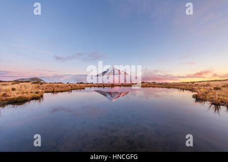 La riflessione in Pouakai Tarn lago, Nuvole rosa intorno uno stratovulcano Mount Taranaki o Mount Egmont al tramonto, Egmont National Park Foto Stock