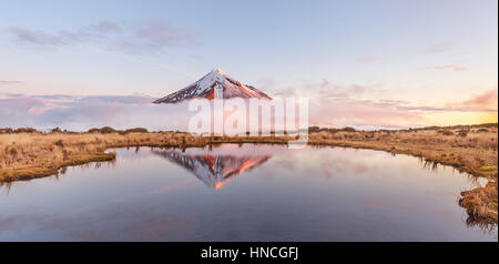 La riflessione in Pouakai Tarn lago, Nuvole rosa intorno uno stratovulcano Mount Taranaki o Mount Egmont al tramonto, Egmont National Park Foto Stock