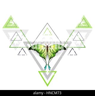 Geometrica, schema simmetrico con il grigio e il triangolo verde, decorato con verde di farfalle esotiche su uno sfondo bianco. Lo stile di tatuaggio. Verde. Tren Illustrazione Vettoriale