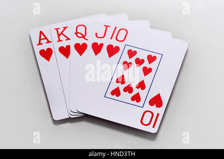 Carte da poker, royal flash cuori Foto Stock