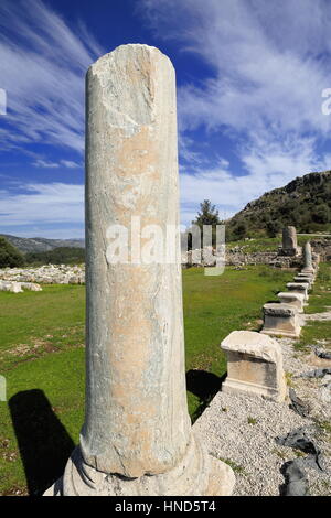 Rovine dell'agora. Colonna permanente a sua S.E.angolo e l'Obelisco inscritto su sfondo : monolito inscritto nell antica Greek-Lycian-Mylian lingua Foto Stock