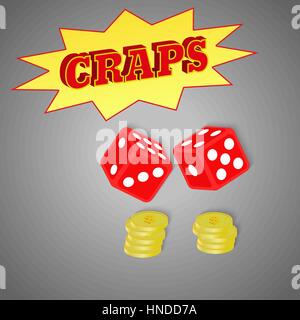 I dadi e le monete e lo sfondo grigio. Casino set. Illustrazione di vettore per il design. Poster, pubblicità segno bordo. Vista isometrica Illustrazione Vettoriale