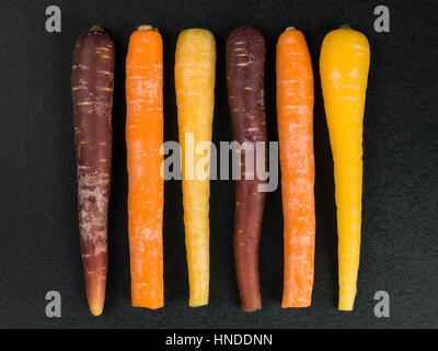 Arcobaleno colorato carote cottura Ingredienti su sfondo nero Foto Stock