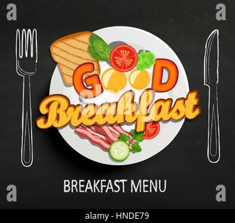 La colazione è buona e il lettering disegnato a mano acquerello outline pan, coltello e forchetta sulla trama scheda nero lo sfondo. Il design del vettore per il menu della prima colazione, c Illustrazione Vettoriale