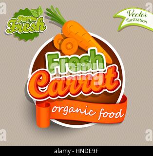 Nuovo logo di carota caratteri tipografici etichetta alimentare o un adesivo. Concetto per il mercato degli agricoltori, cibo organico, prodotto naturale design.illustrazione vettoriale. Illustrazione Vettoriale