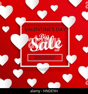 Il giorno di San Valentino grande vendita sfondo, modello di poster. Rosso sfondo astratto con cuori ornamenti. Febbraio 14. Illustrazione Vettoriale