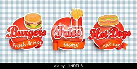 Fast food o etichetta Sticer - hamburger, pizza, hot dog e patatine fritte - Design modello. Illustrazione Vettoriale. Illustrazione Vettoriale