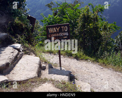 Cartello per Chomrong il gateway per il santuario di Annapurna Himalaya,, Nepal, Asia. Foto Stock