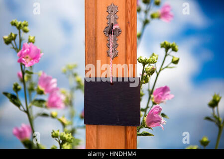 Piccolo blackboard appeso sulla chiave di fronte ad un campo di fiori Foto Stock