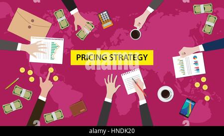 Illustrazione della discussione sulla strategia in materia di prezzi nel corso di una riunione con paperworks e denaro sulla parte superiore della tavola Illustrazione Vettoriale