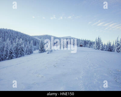 Nevoso inverno in montagna. Nevoso inverno in montagna. Una casa. Foto Stock