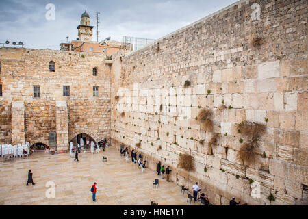 Parete ovest, il Muro del Pianto, panoramica, townscape, il quartiere ebraico e la Città Vecchia di Gerusalemme, Israele. Foto Stock