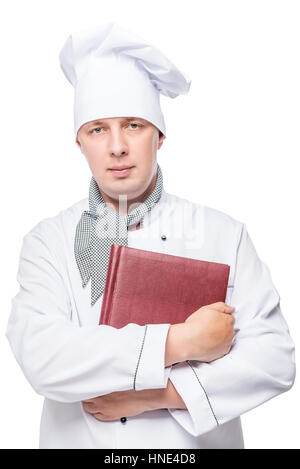 Il 30-anno-vecchio cuoco ritratto con menu in mano isolato in studio Foto Stock