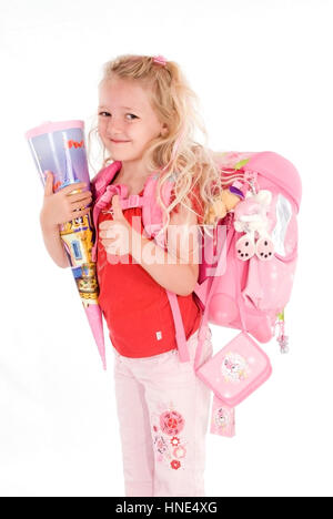 Modello di rilascio, Schulanfaengerin mit Schultuete - prima della livellatrice con First-Day-scuola-cornet Foto Stock