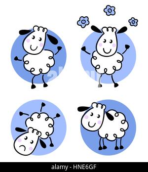Happy doodle pecore set. Arte per bambini, originali disegnati a mano illustrazione / blu Foto Stock