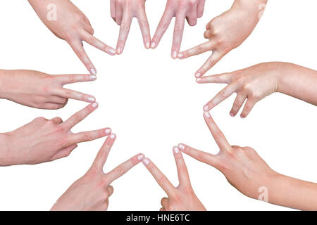 Dieci bracci di ragazze con le mani facendo dieci stella isolato su sfondo bianco Foto Stock