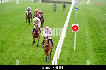 Mega Fortune cavalcato da Davy Russell vince la molla il novellame di ostacolo durante la Stan James Irish Gold Cup giorno a Leopardstown Racecourse, Dublino. Foto Stock