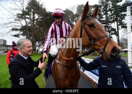 Mega Fortune cavalcato da Davy Russell accolti dal proprietario Chris Jones dopo aver vinto la molla il novellame di ostacolo durante la Stan James Irish Gold Cup giorno a Leopardstown Racecourse, Dublino. Foto Stock