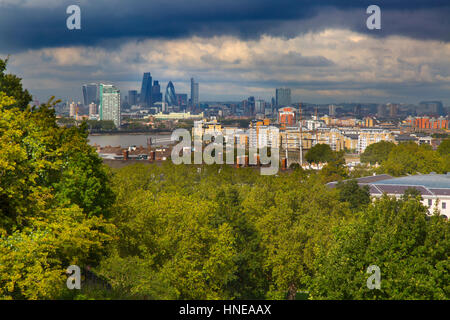 In Canarie Wharfe & Central London da Greenwich Park Foto Stock