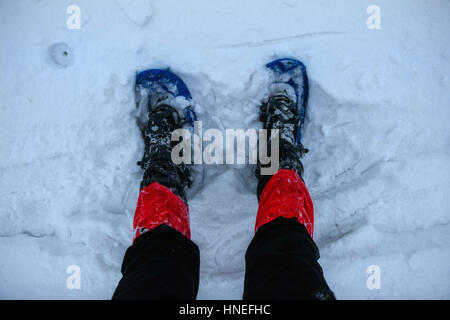 Piedi in racchette da neve sulla neve. Foto Stock