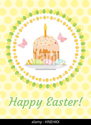 Felice Pasqua biglietto di auguri, volantini, poster con torta di Pasqua e le uova. La molla simpatico modello per il design. Illustrazione Vettoriale. Illustrazione Vettoriale