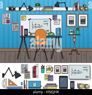 Architetto di luogo di lavoro. Architetto attrezzature in camera. Arte e costruzione di concetto. Gadget, matite, triangoli isolati su sfondo bianco. Sottile Illustrazione Vettoriale