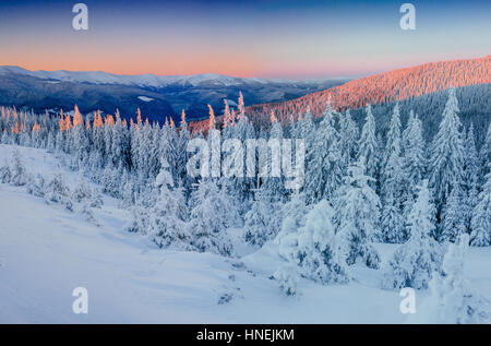 Fantastico paesaggio invernale in montagna. Magica al tramonto in un Foto Stock