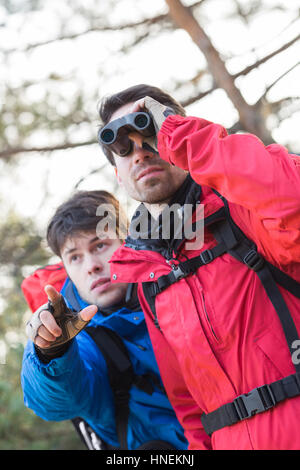 Escursionista maschio utilizzando un binocolo mentre amico mostra lui qualcosa in foresta Foto Stock