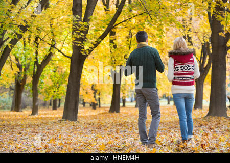 Vista posteriore della coppia giovane passeggiate nel parco durante l'autunno Foto Stock