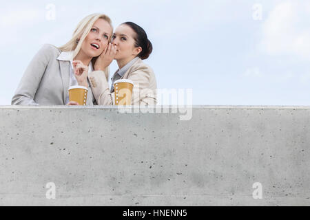 Basso angolo vista di imprenditrice whispering in collega l orecchio mentre si sta in piedi sul terrazzo contro sky Foto Stock