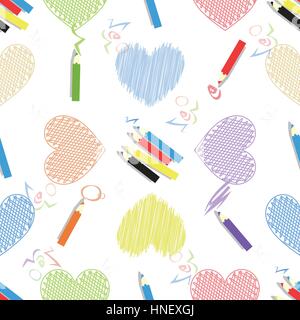 Matite colorate e scritte cuore. seamless pattern. bambini s illustrazione. utilizzato per la stampa, sito web, Smart Phone, design ecc. Illustrazione Vettoriale