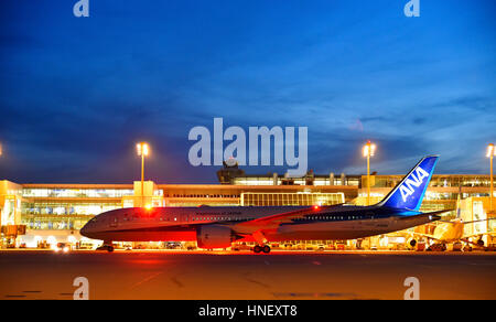 Boeing B 787, 8, Dreamliner, ANA, All Nippon Airlines, il terminale posteriore 2, roll out, Aeroporto di Monaco di Baviera, Baviera superiore Foto Stock