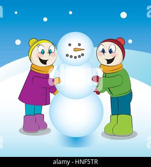 Divertimento invernale. I bambini la costruzione di pupazzo di neve Illustrazione Vettoriale
