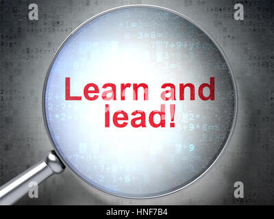 Il concetto di istruzione: ingrandimento di vetro ottico con parole di imparare e portare! Su sfondo digitale, rendering 3D Foto Stock
