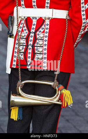 Irlandese guardie guardsman in pieno uniforme del vestito con bugle Irlanda del Nord Foto Stock