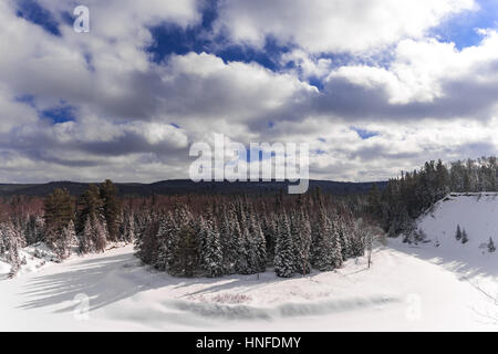 La neve a punta all'interno del paesaggio Arrowhead Parco Provinciale affacciato sul Big Bend dove il fiume fa una curva stretta attraverso la foresta in provincia Foto Stock