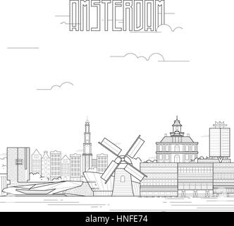 La città di Amsterdam con edifici iconici. Line art design piatto. Illustrazione Vettoriale. Illustrazione Vettoriale