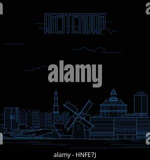 La città di Amsterdam con edifici iconici. Line art design piatto. Illustrazione Vettoriale. Illustrazione Vettoriale