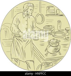 Disegno stile sketch illustrazione di un cuoco chef in epoca medievale che indossa il grembiule tenendo in padella in cucina insieme all'interno di forma ovale. Illustrazione Vettoriale