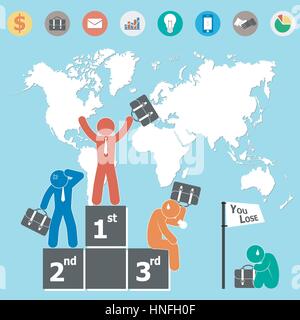 Imprenditore è vincitore e la mappa del mondo e icona azienda ( design piatto ) Illustrazione Vettoriale