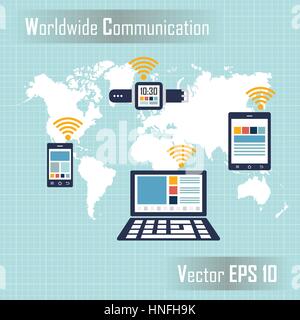 Smart phone , tablet , laptop e smart guarda sulla mappa terrestre ( in tutto il mondo il concetto di tecnologia ) e sfondo blu ( design piatto ) Illustrazione Vettoriale