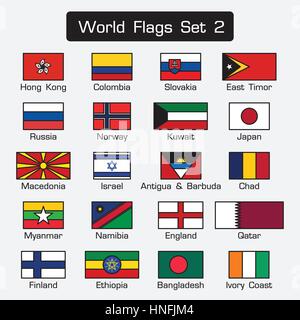 Bandiere del mondo set 2 . stile semplice e design piatto . fitta scaletta . Illustrazione Vettoriale